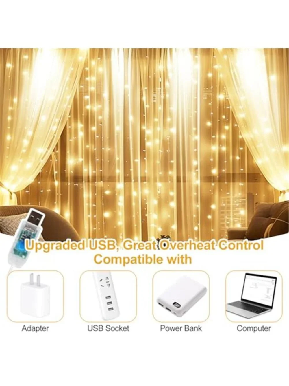 Fairy Curtain Lights Upgraded Tangle-Free Warm White USB Plug in 8 Modes String